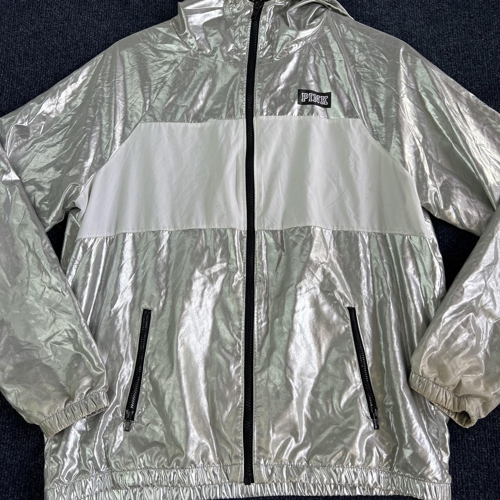 PINK Victoria's Secret Jacket Womens XS Small Silver White Hooded Windbreaker